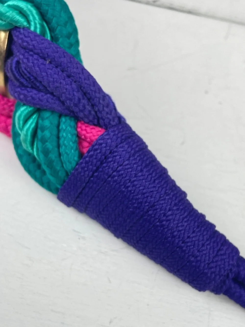 Vintage 1980s Colorful Braided Rope Belt Gold Rings Purple Pink Green